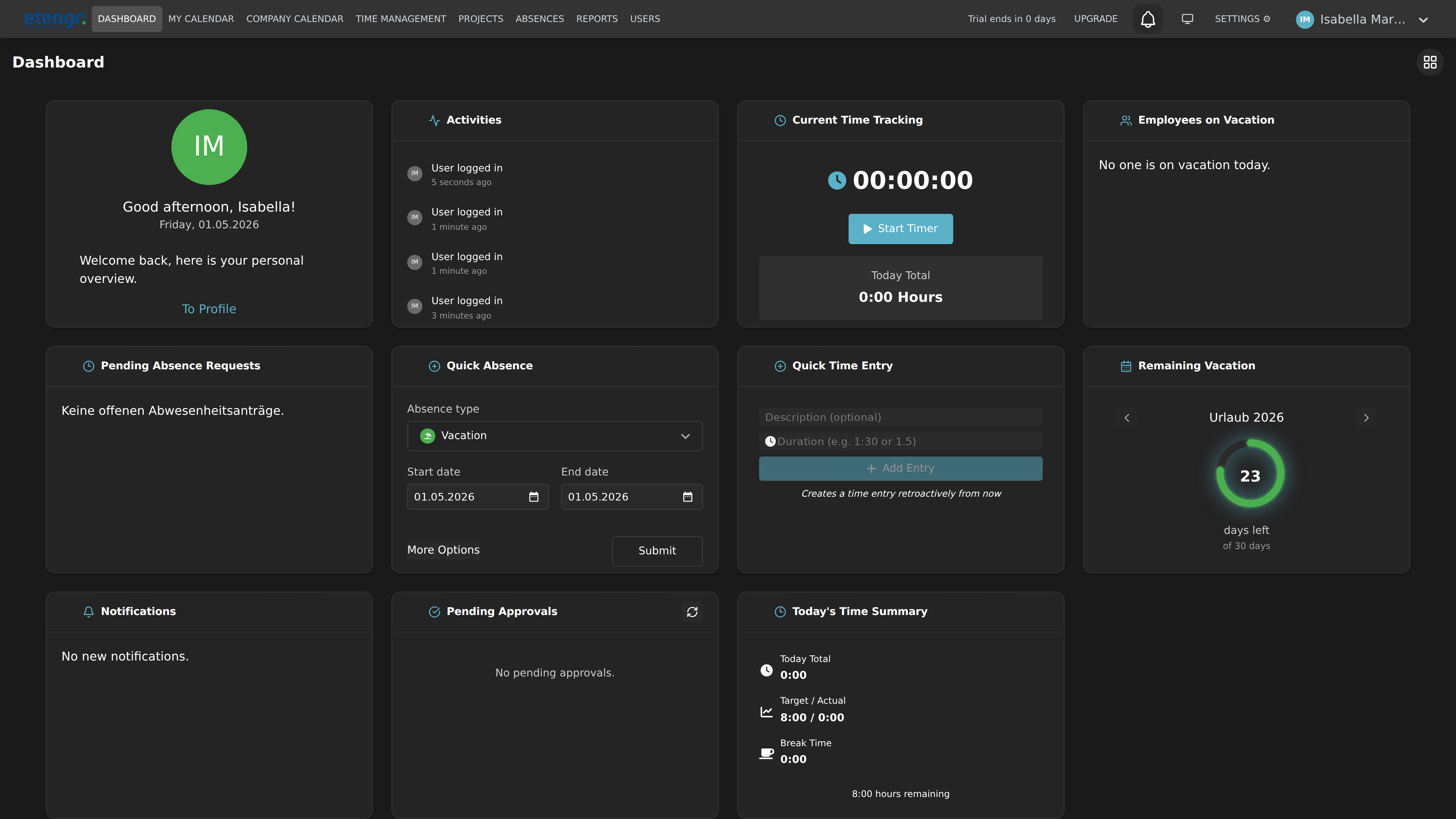 TodayOff App Dashboard Screenshot
