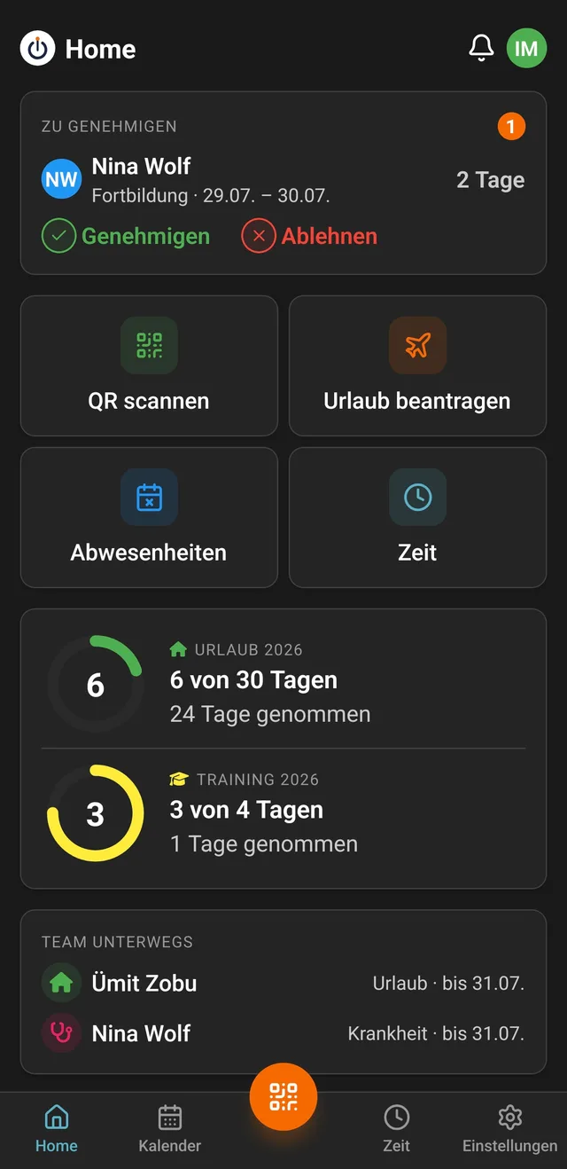 TodayOff App: Startbildschirm mit Urlaubskonto, offener Genehmigung und Team-Übersicht