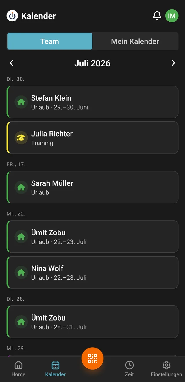 TodayOff App: Team-Kalender mit Urlauben und Abwesenheiten im Juli