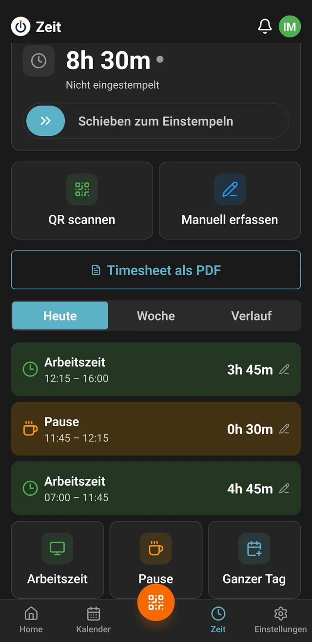TodayOff App: Zeiterfassung mit Arbeitszeiten, Pausen und Timesheet-Export